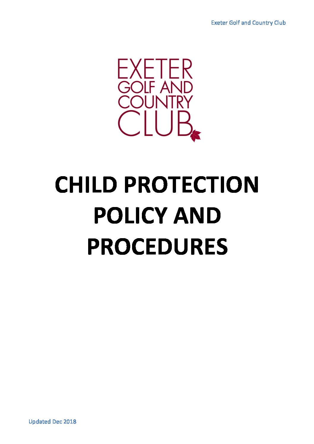 Child Protection Policy and Procedures Exeter Golf and Country Club